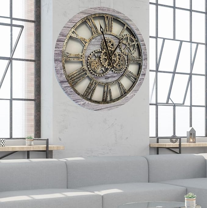 The Gears Clock The Original Real Moving Gear Wall Clock Vintage Industrial Oversized Rustic Farmhouse (24 inch (60cm),Silver Grey)-Ruum Studio Home
