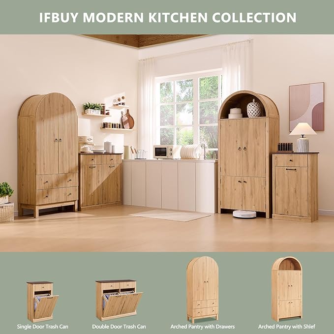71" Tall Arched Bathroom Storage Cabinet, Modern Fluted Storage Cabinet w/Doors, 3 Adjustable Shelves, 6 Door Shelves, Wood Freestanding Cabinet for Bathroom, Entryway, Hallway, Natural-Ruum Studio Home