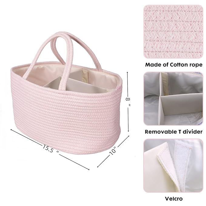 Large Baby Diaper Caddy Organizer for Girl Boy Rope Nursery Storage Bin Basket Portable Holder Tote Bag for Changing Table Car Travel Baby Shower Gifts Newborn Essentials Registry Must Haves Pink-Ruum Studio Home