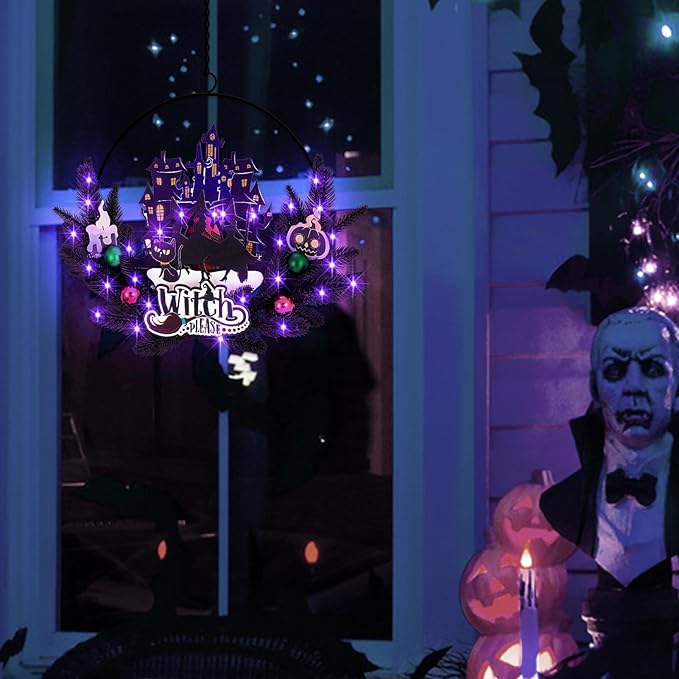 Lighted Halloween Wreaths for Front Door, Welcome Metal Wooden Door Wreath Decor Hanging Sign, 30 LED Lighted Wall Decor Battery Operated for Halloween Indoor Outdoor (Witch)-Ruum Studio Home