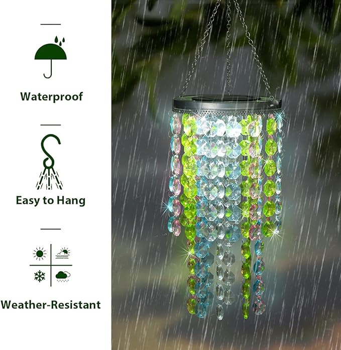 Hanging Solar Lantern Outdoor, 2 Tiers 21” Solar Multicolor Acrylic Beaded Chandelier with Cool White LED S Hooks for Garden Yard Patio Gazebo Outside Decor-Ruum Studio Home
