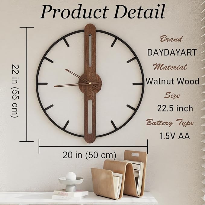 Modern Walnut Dial Wall Clock, Wood Large Wall Clock Decor Metal Frame Silent Non Ticking for Living Room, Bedroom, Kitchen, Study Decoration, Handmade Home Present Idea, 20 in （50 cm）-Ruum Studio Home