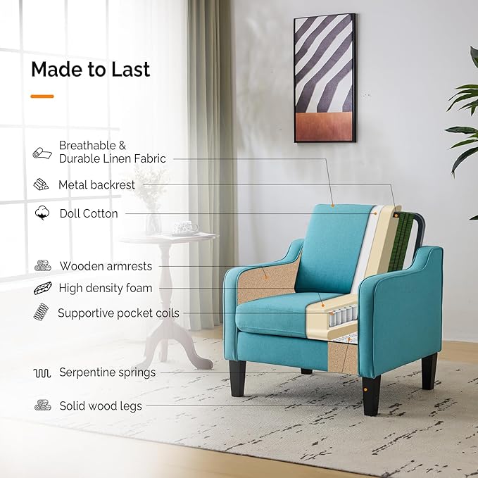 VINGLI Accent Chairs Set of 2 Living Room Chairs Teal Blue Reading Chair for Bedroom Scooped Arm Chair Mid Century Modern Accent Chairs Upholstered Comfy Chair for Apartment, Waiting Room-Ruum Studio Home