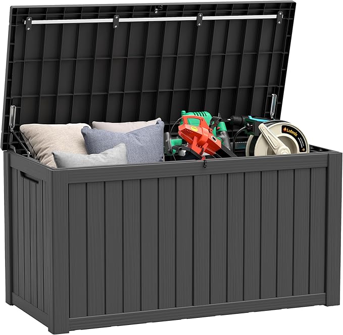 KAMABOKO Outdoor Storage Box, 150 Gallon Large Outdoor Resin Deck Box, Storage Waterproof Boxes Lockable Lid for Garden Tools, Pool Supplies, Patio Furniture and Cushions, Black-Ruum Studio Home
