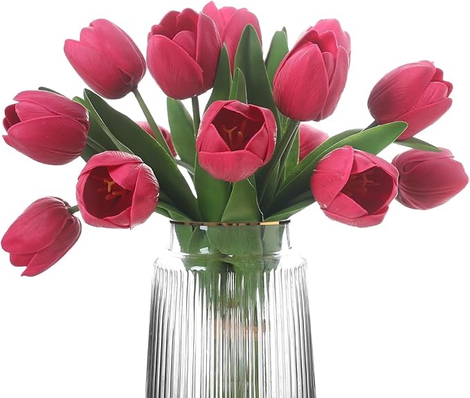 Rose Red Artificial Tulips, 2 Bundles 14Pcs, Fake Tulips Artificial Flowers, 2 x 2.4 Inch Large Flower Head Big Tulip, Easter Valentine's Day Mother's Day Home Decoration Flowers-Ruum Studio Home