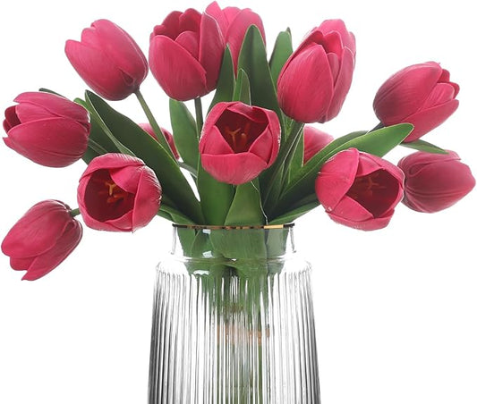 Rose Red Artificial Tulips, 2 Bundles 14Pcs, Fake Tulips Artificial Flowers, 2 x 2.4 Inch Large Flower Head Big Tulip, Easter Valentine's Day Mother's Day Home Decoration Flowers-Ruum Studio Home
