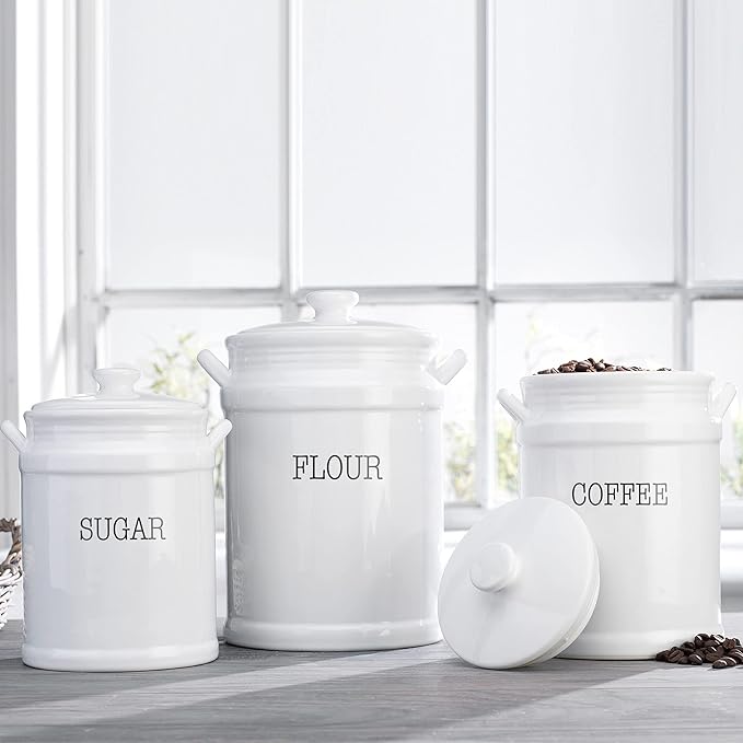 Ceramic Canister Set with Airtight Lids - 3-Piece Kitchen Storage for Flour, Sugar, Coffee, Tea & Spices - Modern Countertop Decor-Ruum Studio Home