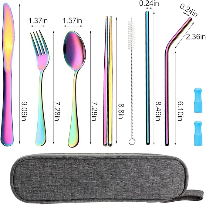 Travel Utensils Set with Case Reusable Portable Cutlery Set Stainless Steel 8pcs Including Dinner Knife Fork Spoon Chopsticks Straws(Rainbow)-Ruum Studio Home