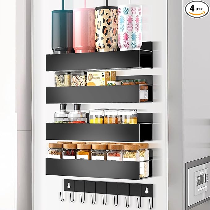 Magnetic Spice Rack Organizer for Fridge Seasoning Organizer for Kitchen storage with Screw or Adhesive Hanging,Magnetic Shelf with Hook for Refrigerator and Oven (Black, 5pack)-Ruum Studio Home