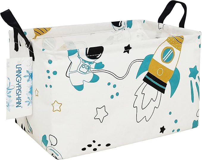 LANGYASHAN Rectangular Storage Bin Collapse Canvas Fabric Cartoon Storage Basket with Handles for Organizing Home Kitchen Boys and Girls Toys Office Closet Shelf Baskets (Rec space astronaut)-Ruum Studio Home
