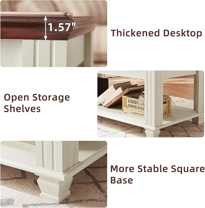 Farmhouse Coffee Tables for Living Room,Square Tea Table with Open Storage Shelf,Large Coffee Table,Rustic Wooden Center Table,White-Ruum Studio Home