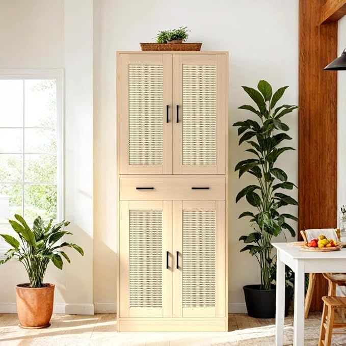 71" Tall Oak & Rattan Pantry Cabinet - Boho Chic Kitchen Storage with Doors & Drawer for Dining Room, Hallway or Kitchen Organization-Ruum Studio Home
