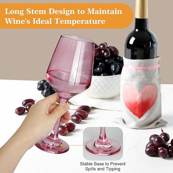 Pink Wine Glasses Set of 6-12oz Pink Long Stem Wine Glass Cups, Pink Pretty Crystal Glassware, Hand Blown Goblets Drinkware, Unique Drinking Stemware Holiday Gift Set for Women-Ruum Studio Home