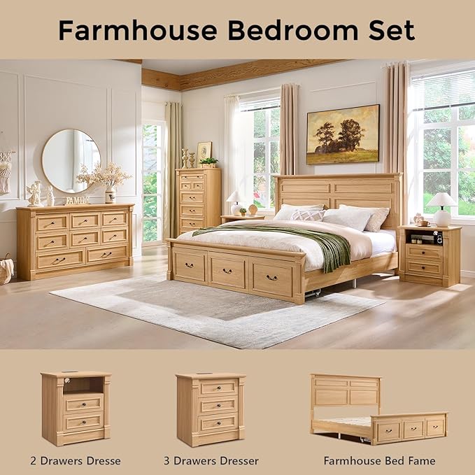 26" Tall Farmhouse Nightstand, 2 Drawers End Table w/Charging Station, 23.6" Wide Large Side Table w/Roman Column, Wood Rustic Sofa Table w/Open Shelf, Bedside Table for Bedroom, Natrual-Ruum Studio Home