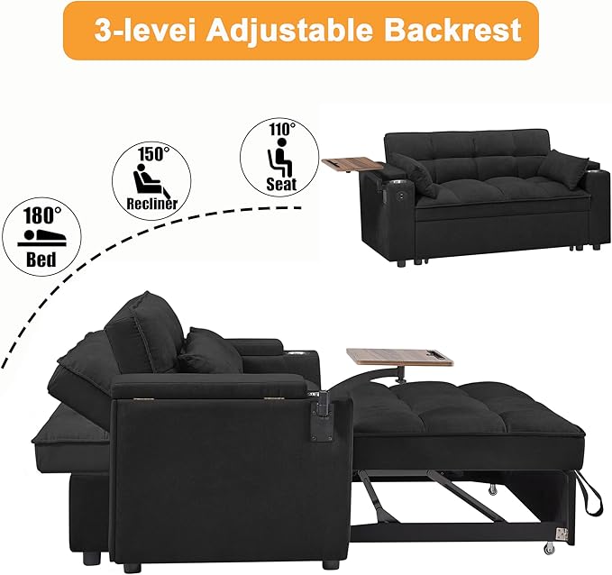 66" Multi-Functional Pull-Out Sofa Bed with Hidden Side Table, Storage Armrests, Built-in Charging Port, Spring Mattress, Solid Wood Frame – Ideal for Small Spaces, Easy Assembly-Ruum Studio Home