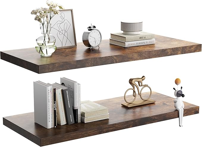Wall Shelf Set of 2, Rustic Brown Floating Shelves 24 in W x 10 in D x 1 in H, Wooden Floating Wall Shelf with Invisible Brackets for Living Room/Bedroom/Bathroom/Kitchen Storage and Decor-Ruum Studio Home
