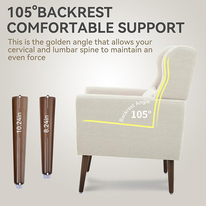 Modern Accent Chair, Upholstered Armchair with Pillow, Fabric Single Sofa Chair with Lounge Seat and Wood Legs Accent Chair for Living Room Bedroom Small Spaces (Beige, Set of 2)-Ruum Studio Home
