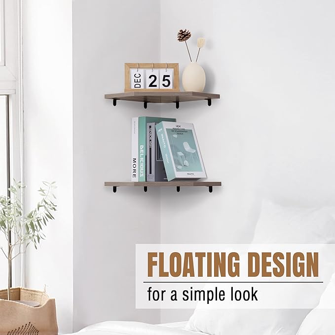 Corner Shelf Wall Mount, Floating Corner Shelves, Set of 2 Corner Wall Shelf Organizer, Rustic Wood Wall Storage Display Shelves for Living Room Bedroom Bathroom Kitchen, Rustic Grey-Ruum Studio Home