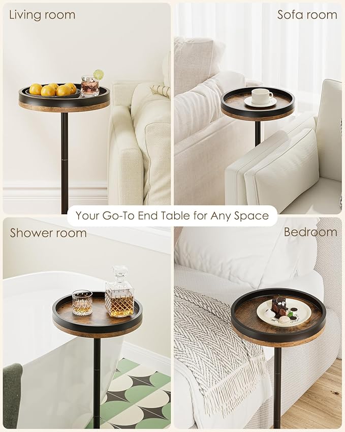 Masupu Drink Table, Round Side Table for Small Spaces, Pedestal Small End Table with Metal Base, for Living Room, Bedroom, Bathroom, Rustic Brown+Black(Lip)-Ruum Studio Home