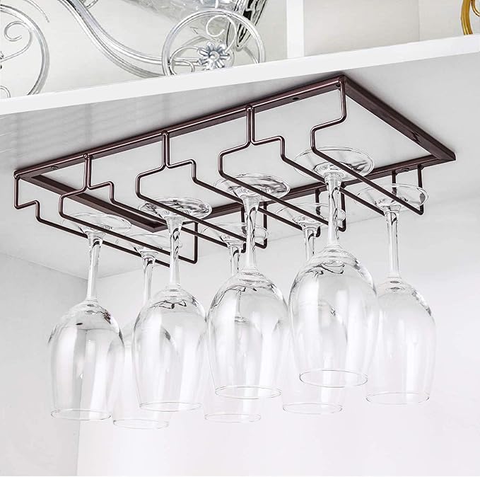 Wine Glass Rack Under Cabinet - Stemware Holder Metal Wine Glass Organizer Glasses Storage Hanger for Bar Kitchen Brown 4 Rows-Ruum Studio Home