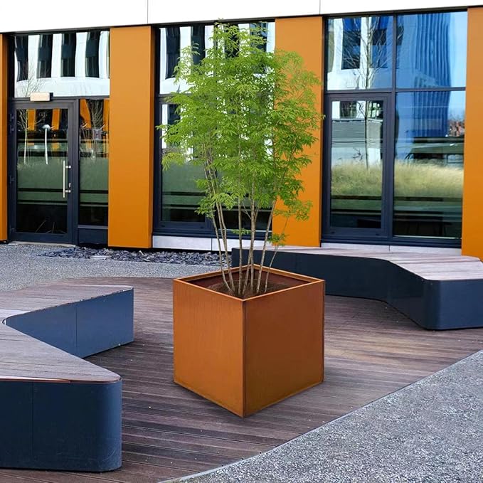 Corten Steel Planter Box Metal Outdoor Planter Large Square Cube Rustic Planter Pot Durable Antique Detached for Commercial Residential Tall Plant Patio Deck and Backyard 32 Inch-Ruum Studio Home