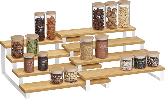 SONGMICS Display Risers, Set of 2 Engineered Wood Perfume Organizer Stand, 4-Tier Cupcake Stand Holder, Spice Rack, Shelf Risers for Figures, Dessert Shelves, Natural Beige and Cloud White UKCS216N02-Ruum Studio Home