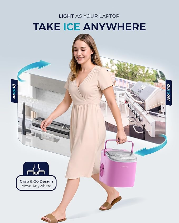 EUHOMY Countertop Ice Maker Machine with Handle, 26lbs in 24Hrs, 9 Ice Cubes Ready in 6 Mins, Auto-Cleaning Portable Ice Maker with Basket and Scoop, for Home/Kitchen/Camping/RV. (Pink)-Ruum Studio Home