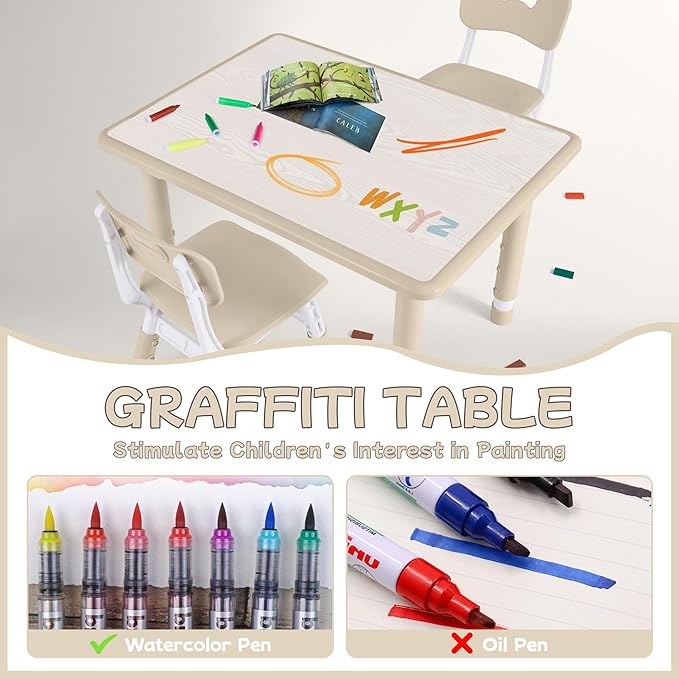 Toddler Table and Chair Set, Height Adjustable-Upgrade Kids Table and 2 Chairs for Ages 3-8, Multi-Activity Toddler Play Table with Graffiti Desktop for Home/Daycare/Classroom-Ruum Studio Home