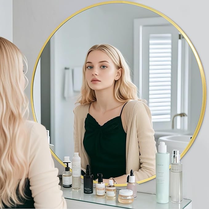 BEAUTYPEAK 48 Inch Round Mirror, Metal Frame Circle Mirror, Wall Mounted for Entryway, Bathroom, Vanity, Living Room, Gold-Ruum Studio Home