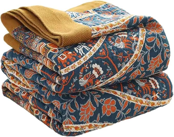 Boho Muslin Blanket for Adults 4-Layer Gauze 80 x 90 Inches Soft Cozy 100% Cotton Summer Cooling Blanket Circle Geometric Decor for Sofa Bed Coverlet Both Sides (A Luck Wheel, 80 x 90 in)-Ruum Studio Home