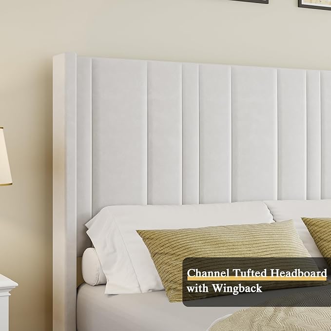 King Size Bed Frame and Headboard, Soft Velvet Upholstered Bed Frames with Vertical Channel Tufted Wingback Headboard & Footboard, Soft Bed Frame King, Noise Free, Easy Assembly, White-Ruum Studio Home