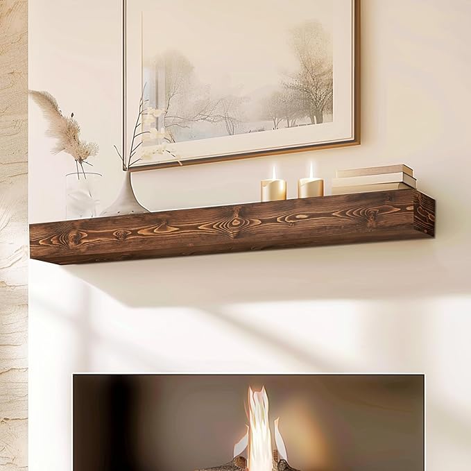 48x8x5 Fireplace Mantel - Handcrafted Hollow Rustic Solid Wood Wall Mounted Floating Shelf with Invisible Heavy Duty Wood Bracket (Weathered Brown)-Ruum Studio Home