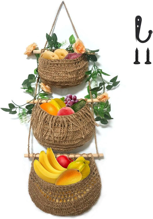 Hanging Fruit Baskets for Kitchen 3-Tier Handmade Bohemian Wall Baskets for Organizing & Decorating Living Room Bedroom Wall Hanging Basket for Onion Storage & Fruit Storage-Ruum Studio Home