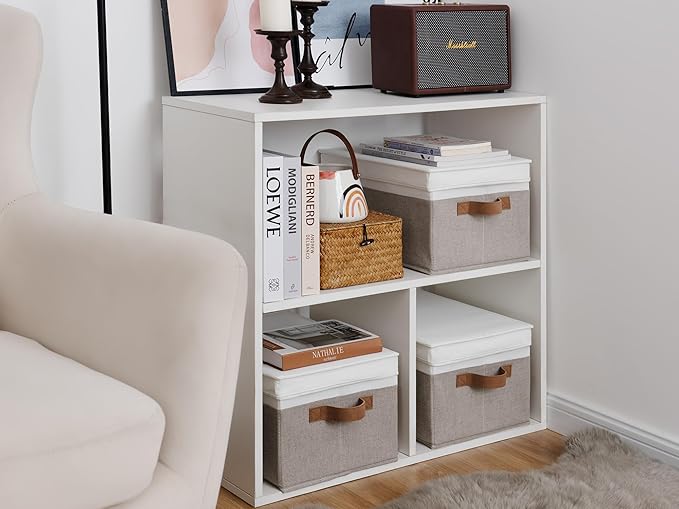 StorageWorks Large Storage Bins with Lids, Decorative Storage Boxes with Lid and PU Handles, Foldable Storage Baskets for Closet, Shelves, Stackable, Brown and White, 3-Pack-Ruum Studio Home