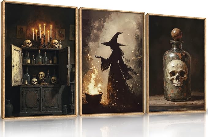 HPNIUB Halloween Witch Framed Canvas Wall Art Set, Terrifying Skeleton Poster Artwork, Vintage Halloween Wall Decor, Dark Academia Gothic Pictures for Bedroom Living Room Bathroom Party-16 x24 x3-Ruum Studio Home