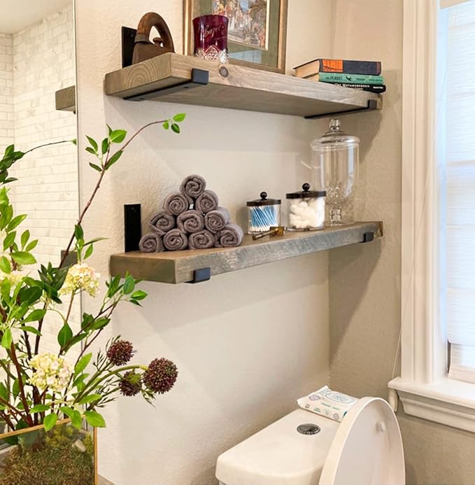 Rustic Shelves with J-Brackets Set of 2, Industrial Shelf, Kitchen Shelves, Solid Wood, Decorative Wall Storage, Heavy Duty, URBANDI (Grey, 12Wx6D)-Ruum Studio Home