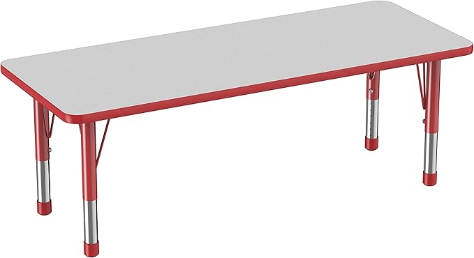 FDP Rectangle Activity School and Classroom Kids Table (24 x 60 inch), Chunky Toddler Legs, Adjustable Height 15-24 inches - Gray Top and Red Edge-Ruum Studio Home