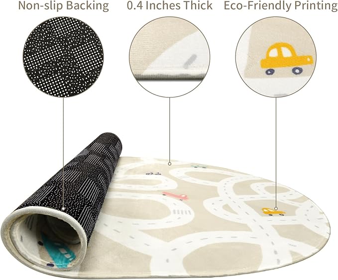 STARUIA Large Kids Rug for Playroom, 4'x6' Washable Road Rug for Nursery, Non-Slip Car Rugs for Boys Room, Tan Traffic Classroom Rugs Soft Baby Play Mat for Dorm Toy Room Tent-Ruum Studio Home