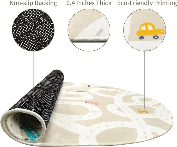 STARUIA Small Kids Rug for Kids Room, 3'x5' Washable Road Rug for Baby Nursery, Non-Slip Car Rugs for Playroom, Tan Traffic Play Mat Soft Fun Rugs for Boys Girls Dorm Toy Room Tent-Ruum Studio Home