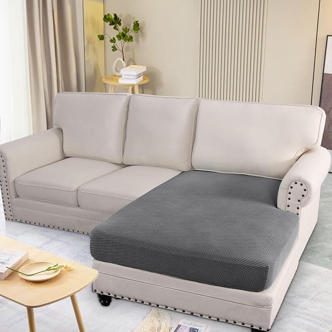 H.VERSAILTEX Super Stretch Individual Chaise Cover Sectional Couch Covers for L Shaped Sofa Both Left/Right Featuring Thick Jacquard Textured Twill Fabric (1 Piece Chaise Cover, Grey)-Ruum Studio Home