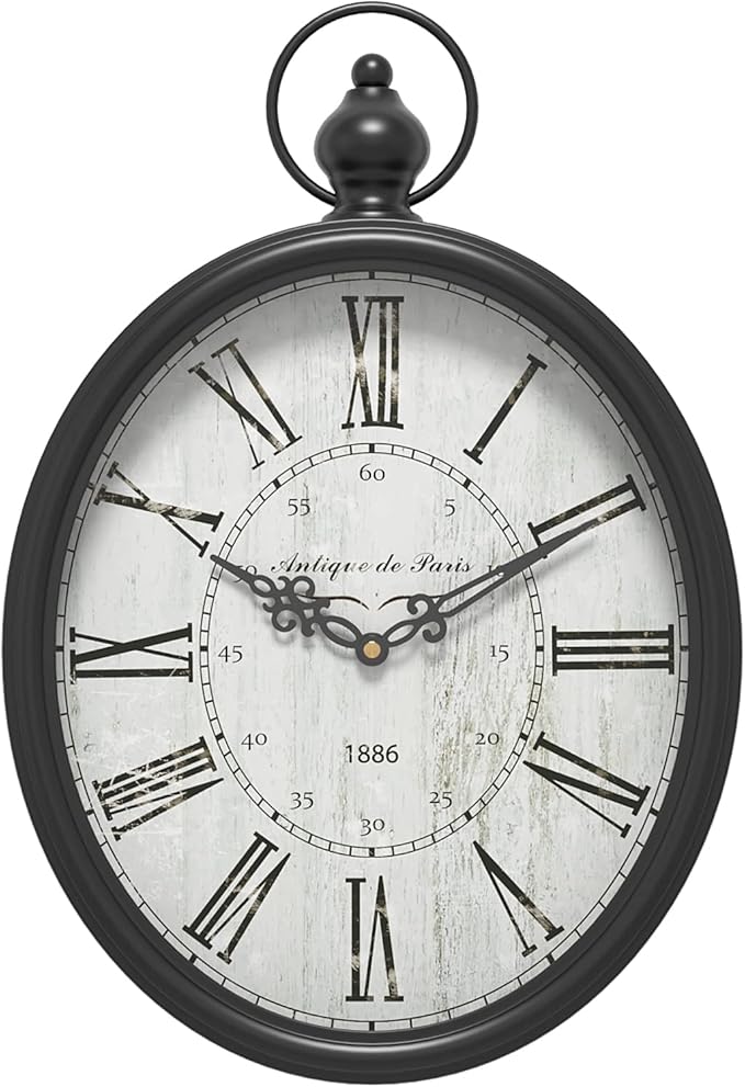 Menterry Oval Retro Wall Clock, Rustic Vintage Style, Black Antique Design, Battery Operated Silent Decor Large Wall Clocks for Kitchen,Farmhouse,Office (15.5" H x 10.5" W)-Ruum Studio Home