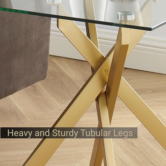 Modern Style Square Side Table with Tempered Glass Top and Metal Tubular Legs, Gold 20”Dx20”Wx22”H-Ruum Studio Home