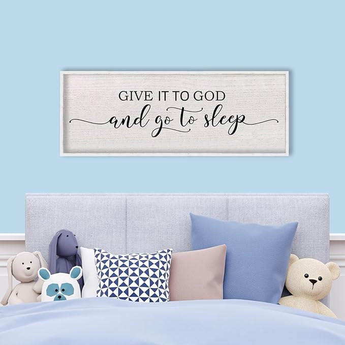 Give It To God And Go To Sleep Above Bed Wall Decor Sign 40"X15" Master Bedroom Over Bed Wall Wood Framed Art (White)-Ruum Studio Home