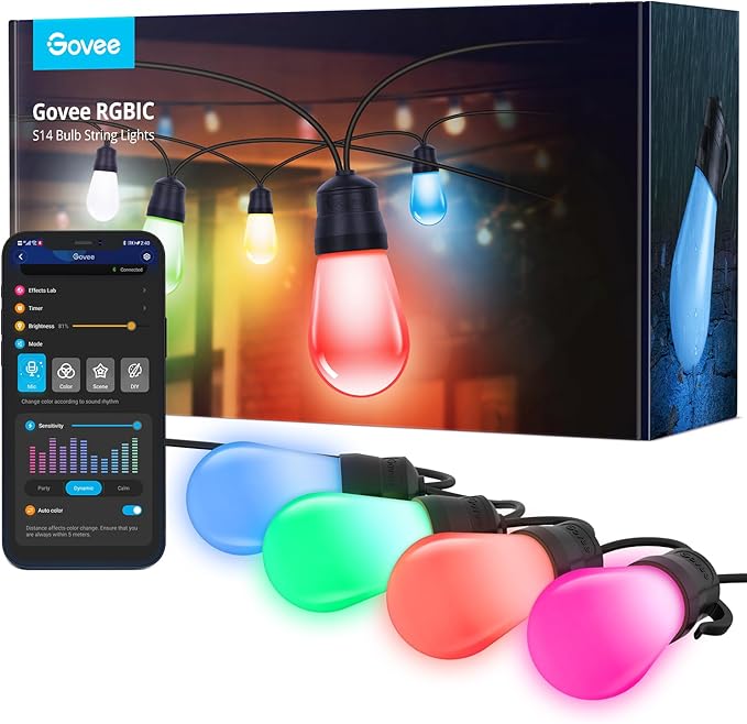 Govee Smart Outdoor String Lights H7016, 96ft RGBIC Outdoor Lights with 30 Dimmable LED Bulbs, IP65 Waterproof, Color Changing Warm White Lights with 47 Scene Modes for Patio, Backyard, App Control-Ruum Studio Home