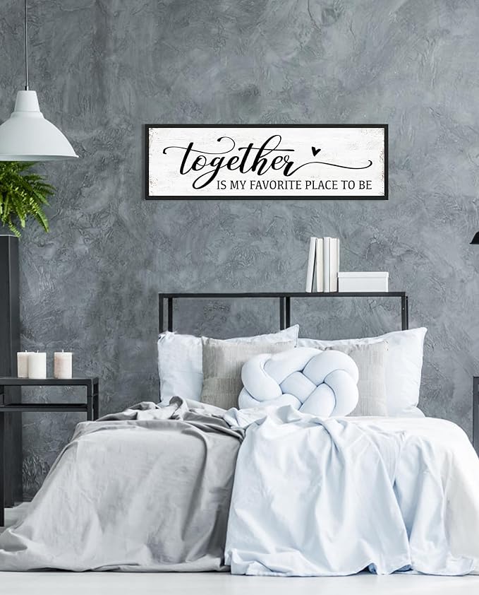 Together is My Favorite Place to Be Sign: Couples Bedroom Wall Decor Above Bed Modern Framed Farmhouse Rustic Family Signs Master Bedroom Wall Decor Hanging Wall Plaques with Sayings 12" x 40"-Ruum Studio Home