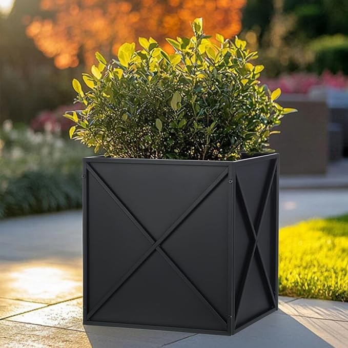 Metal Square Planter Box Tall Planters for Outdoor Plants Modern Heavy Duty with Drainage Holes for Outside Indoor Patio Deck - Black, 17”x 17”x 18”-Ruum Studio Home