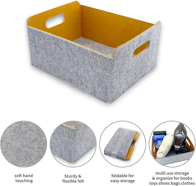 Welaxy Storage Baskets Collapsible Felt Storage bin Foldable Shelf Drawers Organizers for Kids Pet Toys magazine Books Clothes Closet Cabinet decluttering (Curry x 3)-Ruum Studio Home