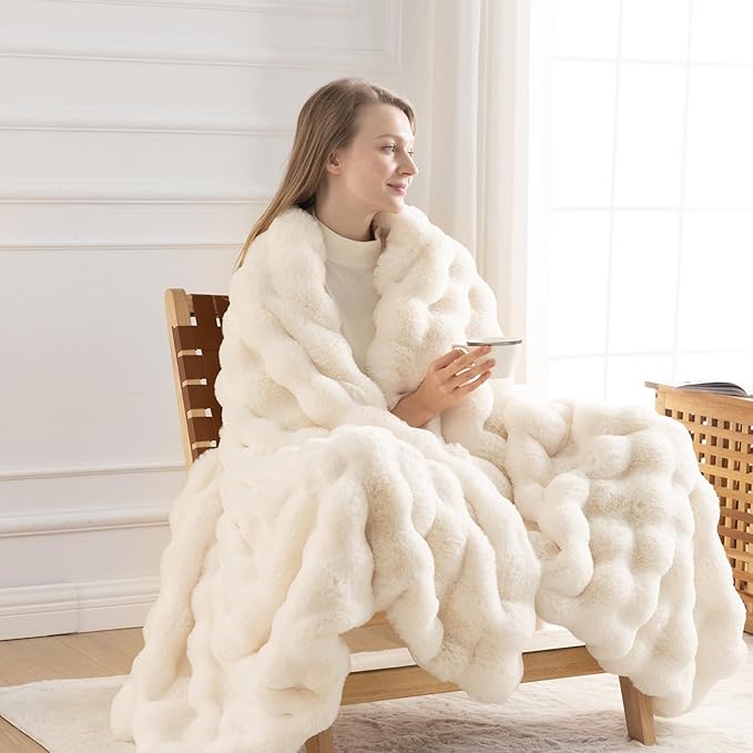 Cozy Faux Fur Throw Blanket for Couch-Warm Fuzzy Throw Blanket, Soft Plush Thick Bubble Blankets for Bedroom and Living Room, Furry Luxury Blanket, 50 x 60, Cream-Ruum Studio Home