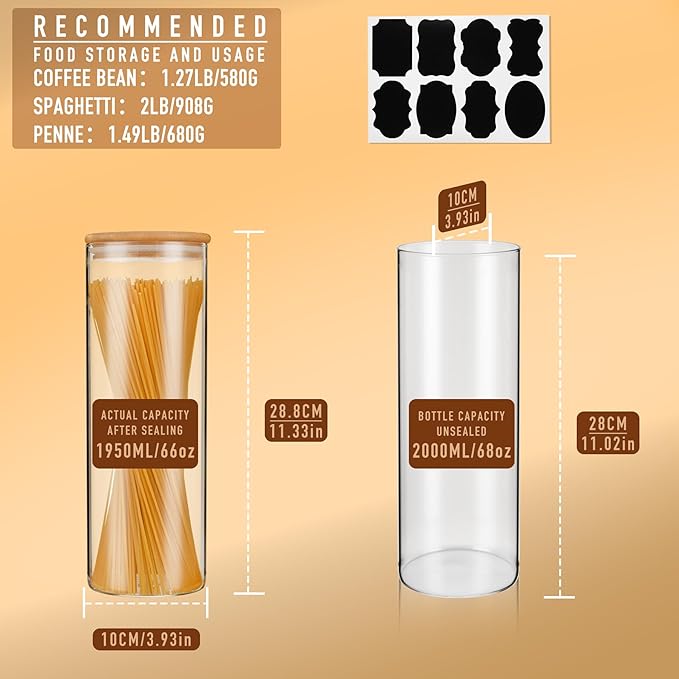 70oz Straight cylindrical Airtight Storage Jars with Bamboo Lid Set of 3 Storage Container Glass Jars, Kitchen Canister for Noodles, Pasta and Coffee beans (‎with Black Lable)-Ruum Studio Home