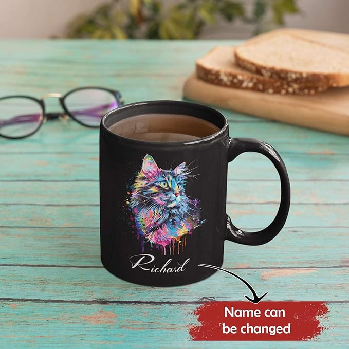 Customized Cat Ceramic Mug, Gift For Cat Pet Owner, Personalized Cat Lover Coffee Cup, Colorful Cat Design Mug For Birthday, Custom Name Cat Animal Black Cup, Unique Cat Mug 11oz 15oz-Ruum Studio Home